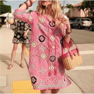Frances Valentine Embroidered Tunic Dress Pink Geometric Womens‎ Large